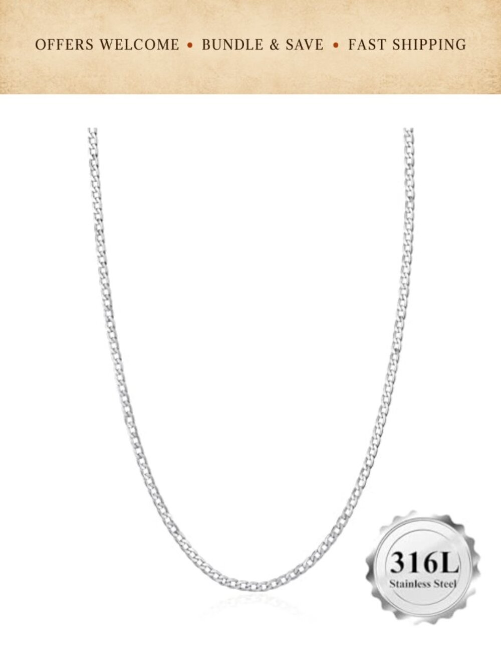 Stainless Steel Cuban Link Chain Necklace 3mm 22in Durable Polished Men's